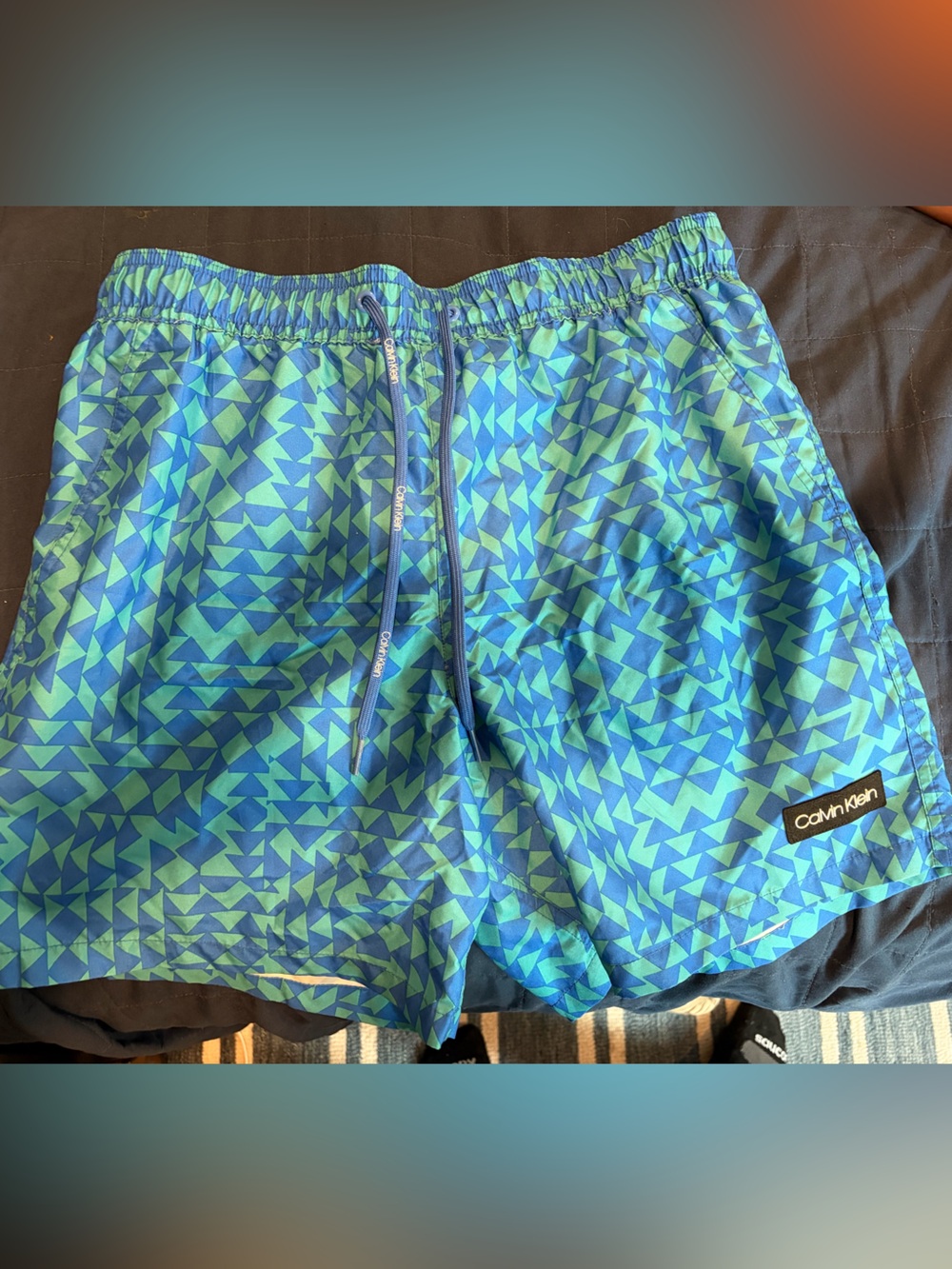 Calvin Klein Men’s Teal & Blue Triangle Print Swim Trunks